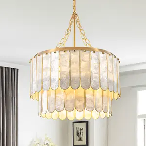 Homary Enseo Coastal 5-Light Capiz Shell 2-Tiered Faceted Ornamental Pendant Light, Gold White Indoor Lighting Fixture, Ornamental Pendant Lights