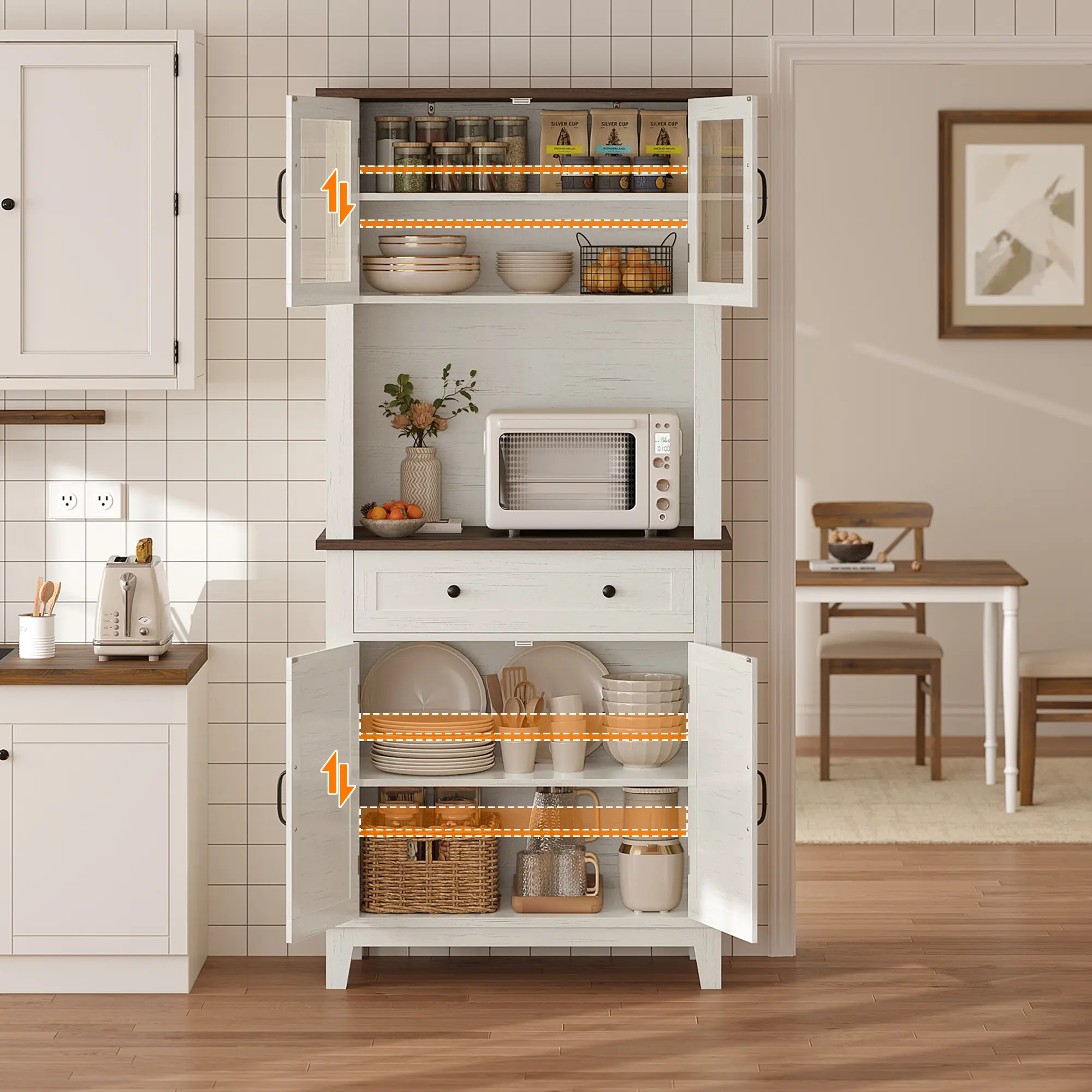 Garvee Modern 72" Tall Pantry Cabinet - 2 Glass Doors, Storage Drawers, Farmhouse Kitchen Hutch, Adjustable Shelves, Multi-Door Storage for Dining, Living Room, Coffee Bar - White