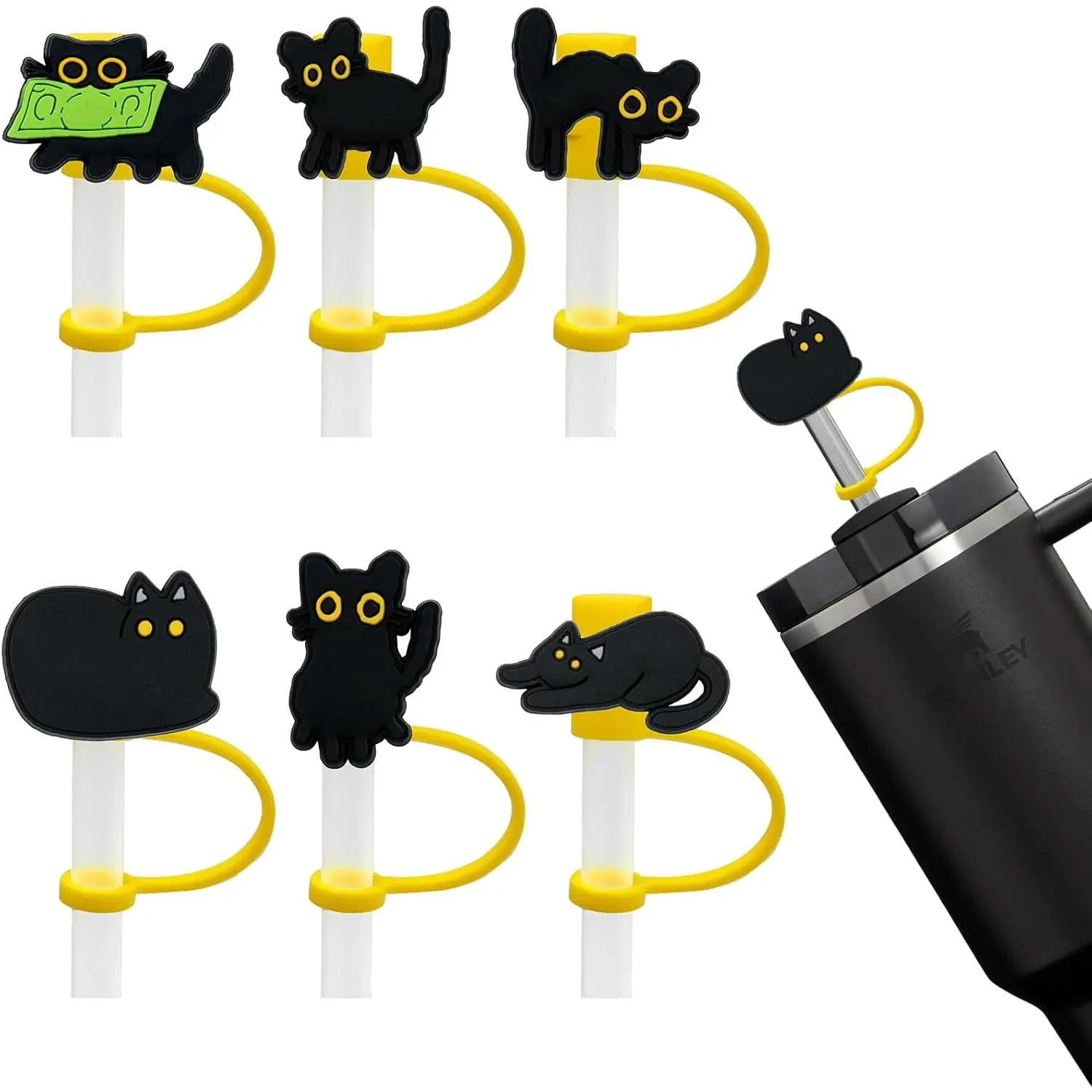 Cat Straw Cover Cap for Halloween Stanley Cup - 6PCs Cute Black Toppers 30 40 Oz Tumbler with Handle Silicone Tips Accessories 10mm Straws