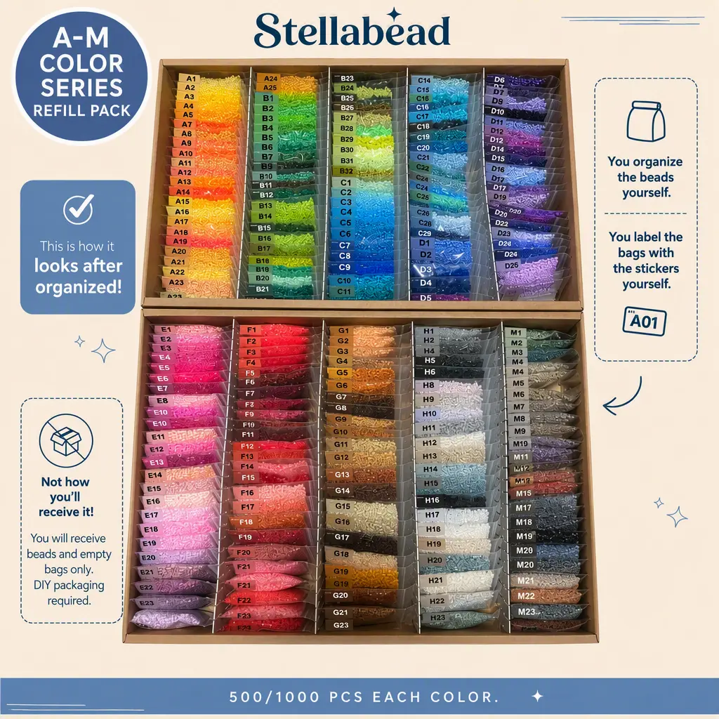 Stellabead Fuse Beads Refill Pack, Basic color scheme Choose A-M Color Series, 500/1000 pcs Each Color with Portable Storage Bag