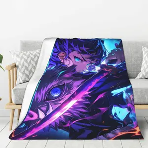 Demon Slayer Inosuke Hashibira Flannel Blanket - Bold Anime Art with Beast Mask & Purple-Pink Sword Aura, Ultra-Soft Cozy Throw for Bedroom Living Room, Ideal Gift for Demon Slayer Wild Style Fans