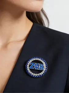 Women Captivating Royal Blue White Rhinestone Circle With ZPB Lapel Brooch Enamel Zeta Greek Sorority Letter Pins