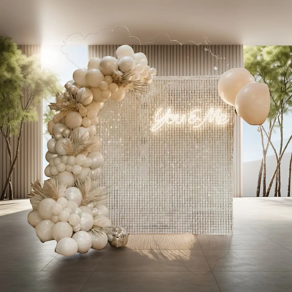 KEQU 4*6 FT white reflective wall background with 24 pieces of white sequin background decorative panels, suitable for birthdays, New Year's, Christmas, anniversaries, weddings, Valentine's Day, Easter decoration banners, party supplies