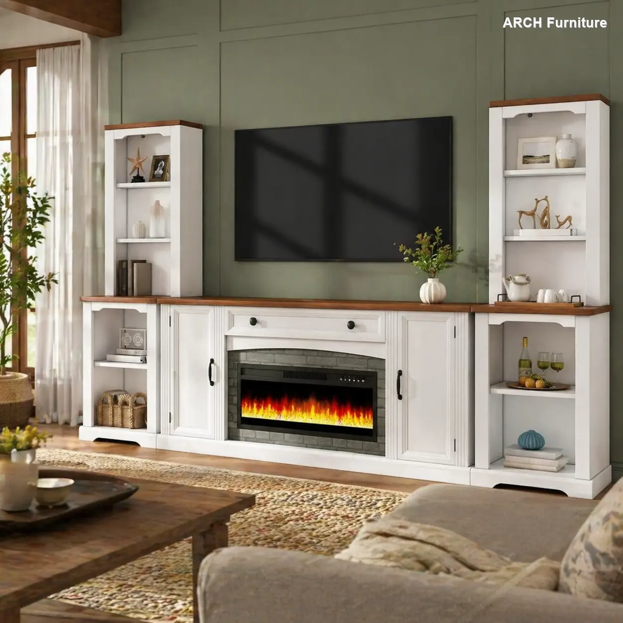 3-Piece Farmhouse Fireplace TV Stand Set with Mantel - Electric Fireplace Heater for TVs Up to 70", Walnut & White Indoor Furniture with Storage & Bookshelves for Living Room, Fireplace Tv Stands Television Console Table Tv Cabinet Table