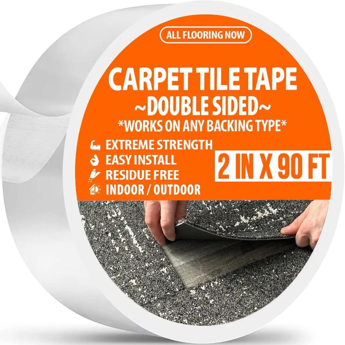Carpet Tape Heavy Duty Double Sided Carpet Tile Tape 2in x 90ft for Installing Carpet Tile, Vinyl, Carpet on Carpet, Rubber, Rugs, Indoor and Outdoor All Flooring Now