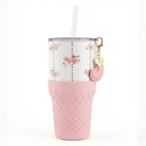 Biddlebee 30oz Vintage Pink Roses Straw Tumbler - Cup Holder Friendly - Includes Heart Charm & Silicone Boot