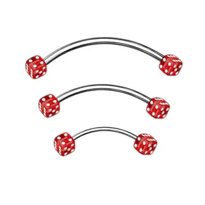 16G Red Acrylic Dice End Curved Barbell Bar Snake Eyes Tongue Surgical Steel and Grade Titanium Piercing Jewelry