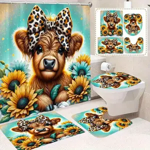 4-Piece Polyester Animal Theme Bathroom Set - Shower Curtain with 12 Hooks, Non-Slip Carpet, U-Shaped Mat, Toilet Seat Cover, Durable Bathroom Accessories, Four-Pieces