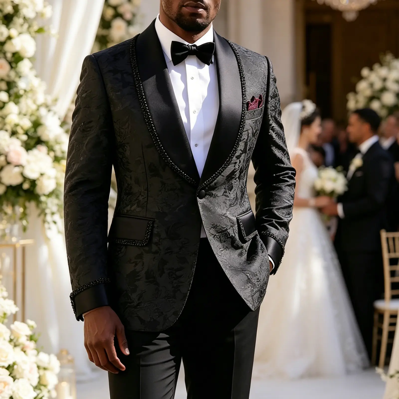 Men's Black Jacquard Fabric 2-Piece Slim Fit Formal Tuxedo Suit - Shawl Lapel Embellished Satin Long Sleeve Blazer, Tapered Pants & Rayon Shirt with Buttons, Pocket, Split, Classic Elegant Matching for Wedding, Prom, Polyester, Chic