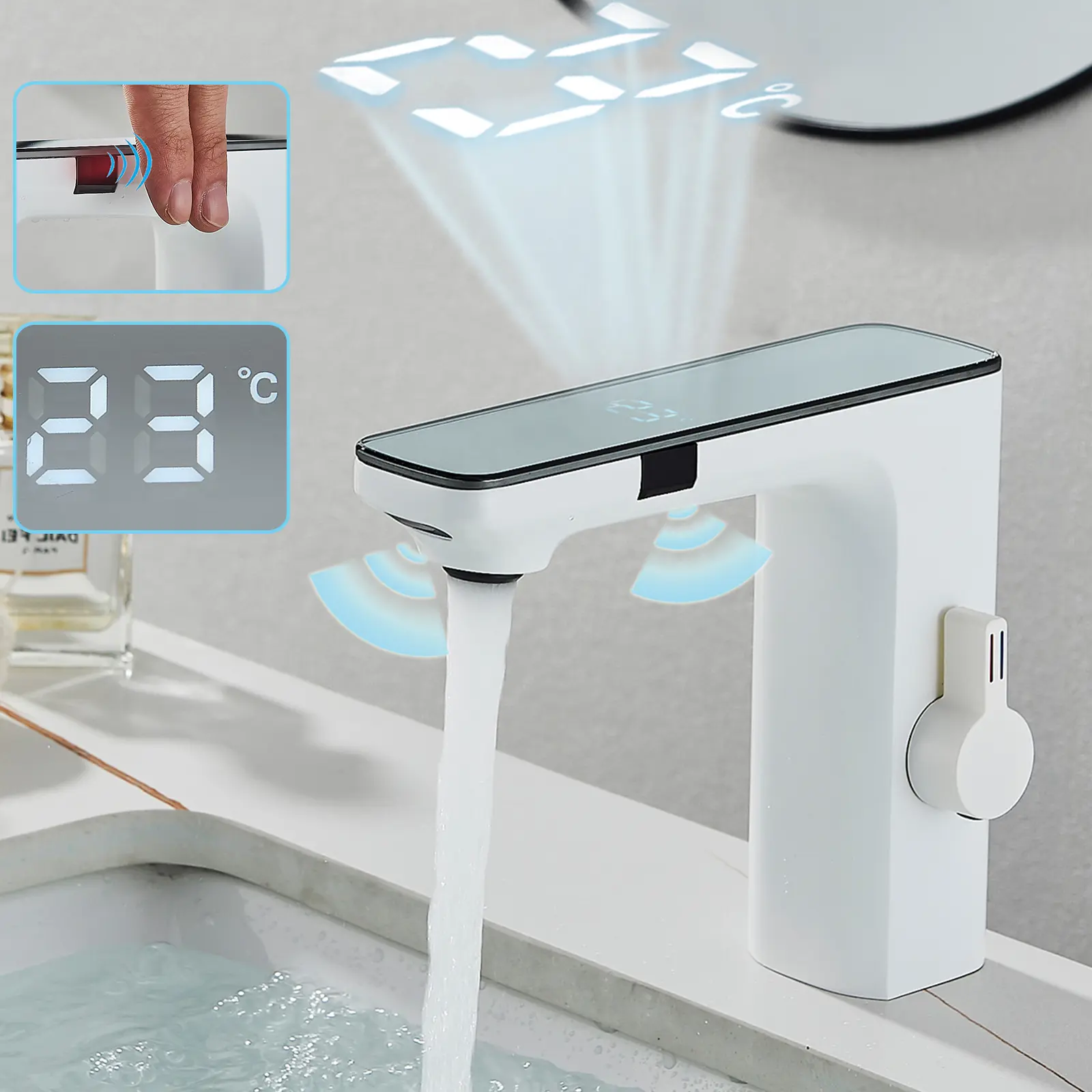 Touchless Bathroom Sink Faucet Automatic Sensor Motion Activated,Commercial Hands Free Single Tap Temperature Control Adjustable Handle Auto Basin Vanity Faucets 1 Hole White Finish