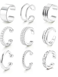 9 Pcs Silvery Non-Piercing Ear Cuffs Set for Women Men Smooth Lightweight Copper Clip-on Ear Cuffs Comfortable To Wear Trendy Styles for Helix Cartilage Upper Ear Classic Versatile for Daily Looks Travel Parties Festivals Must-have Fashion Accessory