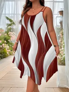 New Fashion Asymmetrical Hem Dual Shoulder Straps Sleeveless Abstract Print Camouflage Floral Dress, Women's Summer Comfortable Plus Size Dress