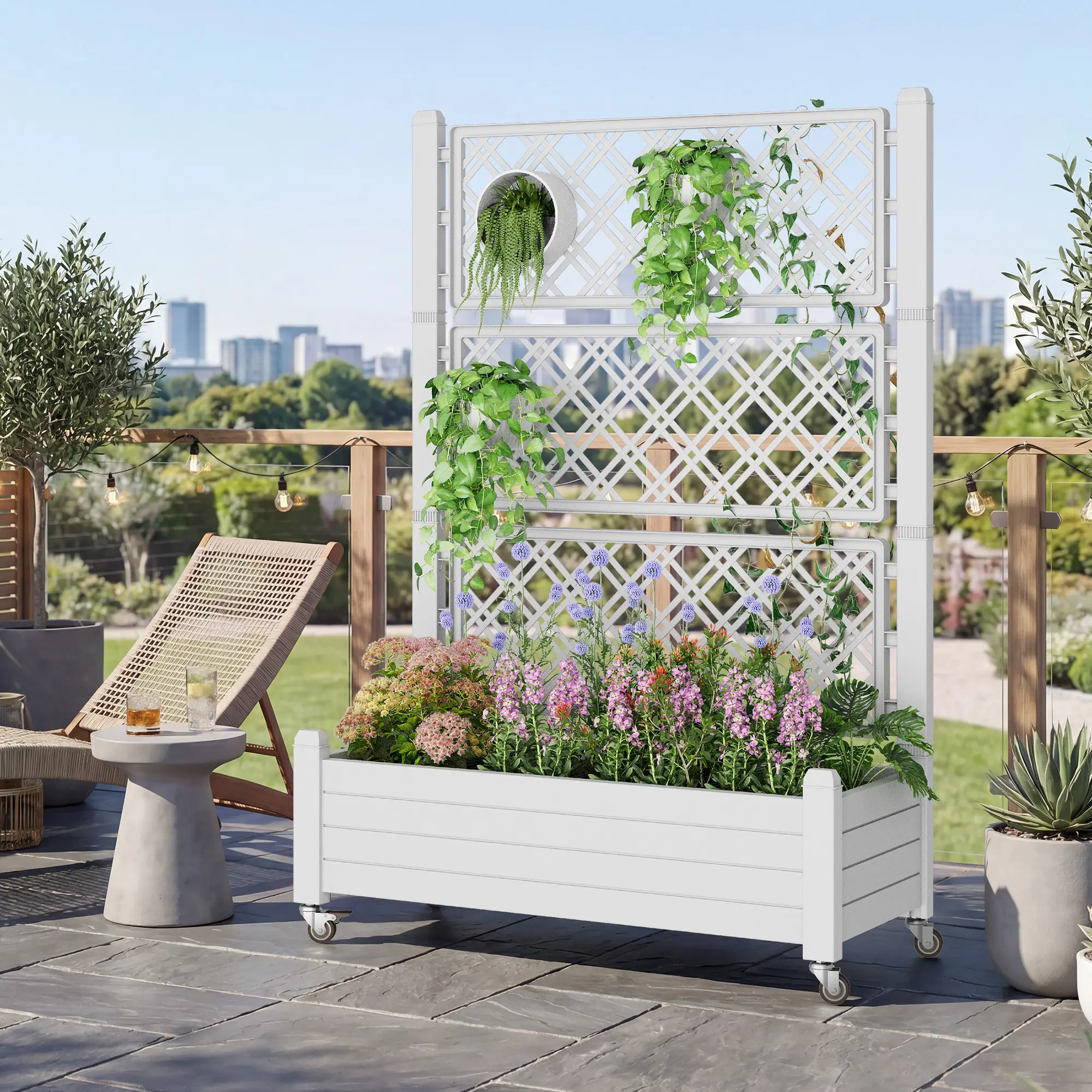 Rotating Raised Garden Bed with Trellis, Elevated Planter Box on Wheels, 360° Mobile Stand with Drainage & Critter-Proof Design, for Outdoor Vegetables, Flowers & Climbing Plants,Summervibes