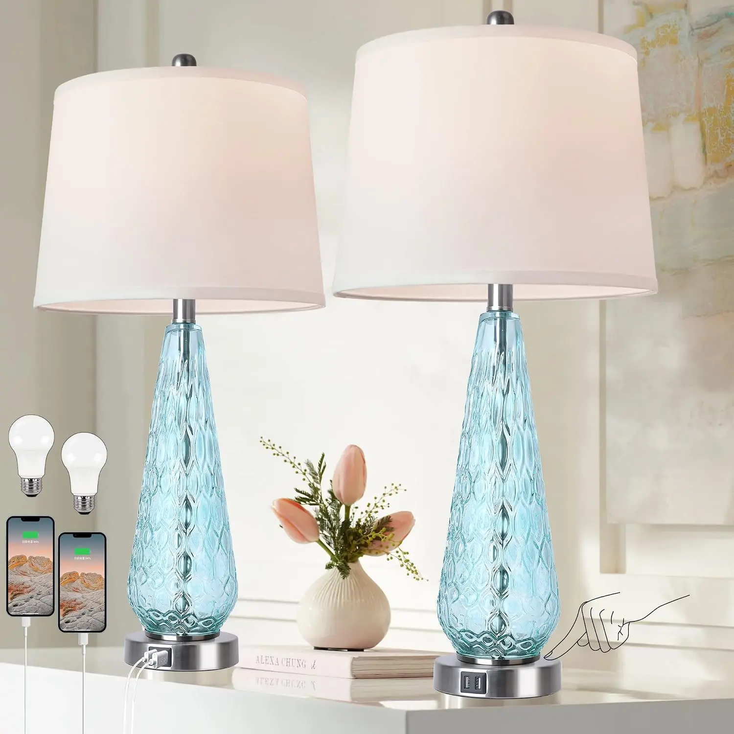 Table Lamps for Living Room Bedroom Set of 2, 27" Tall Blue Glass Touch Control Table Lamp with USB Charging Port, 3 Ways Dimmable Modern Bedside Lamps with White Fabric Shade