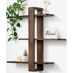 3-Tier Large 20in Durable All-Pine Wood Floating Wall Shelves Set, Walnut Mid-Century Modern Decorative Storage for Living Room, Easy Installation Home Decoration Display for Plants & Photos