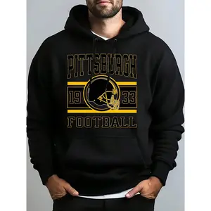 Men's Pittsburgh Football Pattern Hoodie - Black Knitted Sweatshirt With Yellow And White Geometric Design, Drawstring Hood,  Pocket, Casual Loose Fit, Suitable For Sports And Casual Wear, Football Hoodie