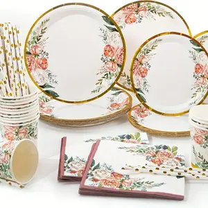 125pcs, Elegant Golden Rimmed Pink Flower Theme Disposable Tableware Set, Including Dinner Plate, Snack Plate, Paper Cups, Straws And Paper Napkins, Can Be Used For Weddings, Birthdays, Holiday Parties And Ceremonies, Can Be Used For 25 Guests