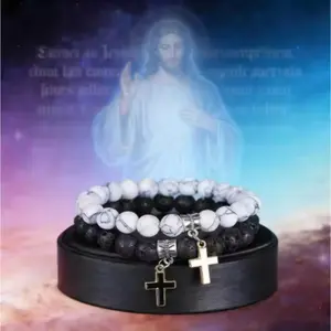 Men's Natural Stone Cross Beaded Bracelet Set (2-Piece) — Vintage White Turquoise & Volcanic Stone Stretch Bracelets | Stylish Religious-Themed Jewelry | An Excellent Gift Choice for Friends and Family.