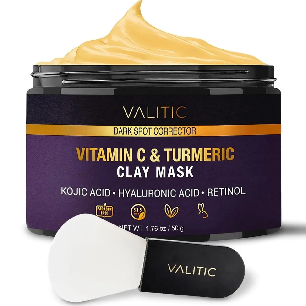 VALITIC Vitamin C & Turmeric Clay Mask - Dark Spot Corrector with Kojic Acid, Hyaluronic Acid & Retinol - Skin Care Routine for Minimizing Pores & Blackheads - with Applicator Brush - 50g