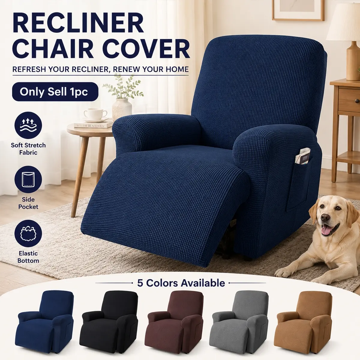 Recliner Chair Covers, Stretch Fabric Cover, Stretch Couch Cover Slipcovers, Furniture Protector with Elastic Bottom for Dog, Kids, Soft Reclining Chair Spande with Pockets, Anti-slip Couch Cover, Stretchable Sofa Cover, Slipcovers For Couches And Sofas