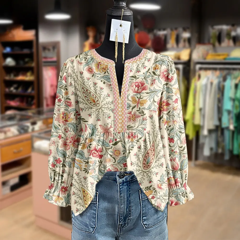 Cherrybetty Paisley Floral Print Embroidered V-Neck Long Sleeve Top for Women's Fashion fall outfits Women office Going outfits Boho clothing Outfits women Chic Womenswear