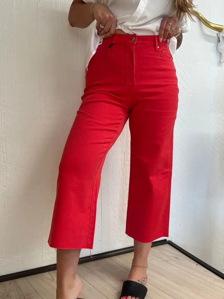 Judy Blue HW Raw Hem Crop Wide-RED