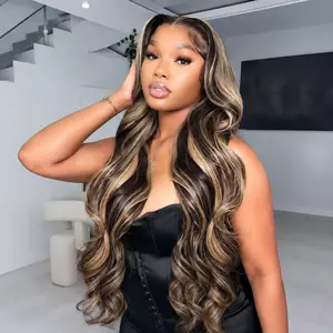 LEFGODY Hair 1B/27 Highlight Body Wave Lace Front Wigs 13x6  Glueless HD Transparent Lace Frontal Wigs for Women Honey Blonde Ombre Lace Front Wig Human Hair Body Wave 180% Density tiktokshopspringglowup