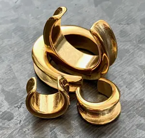 Pair of Stunning Gold Saddle Surgical Steel Ear Spreaders Hanger-Tunnels/Plugs - Gauges 00g (10mm) thru 1" (25mm)