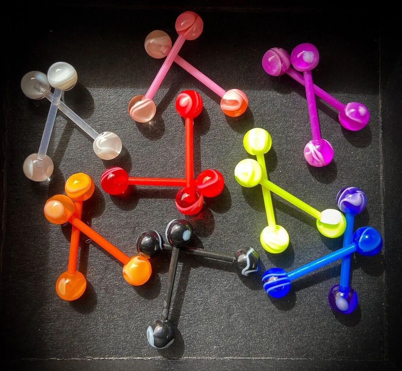 PAIR Flexible Barbell Nipple or Tongue Rings PTFE Marble Marbled NO METAL