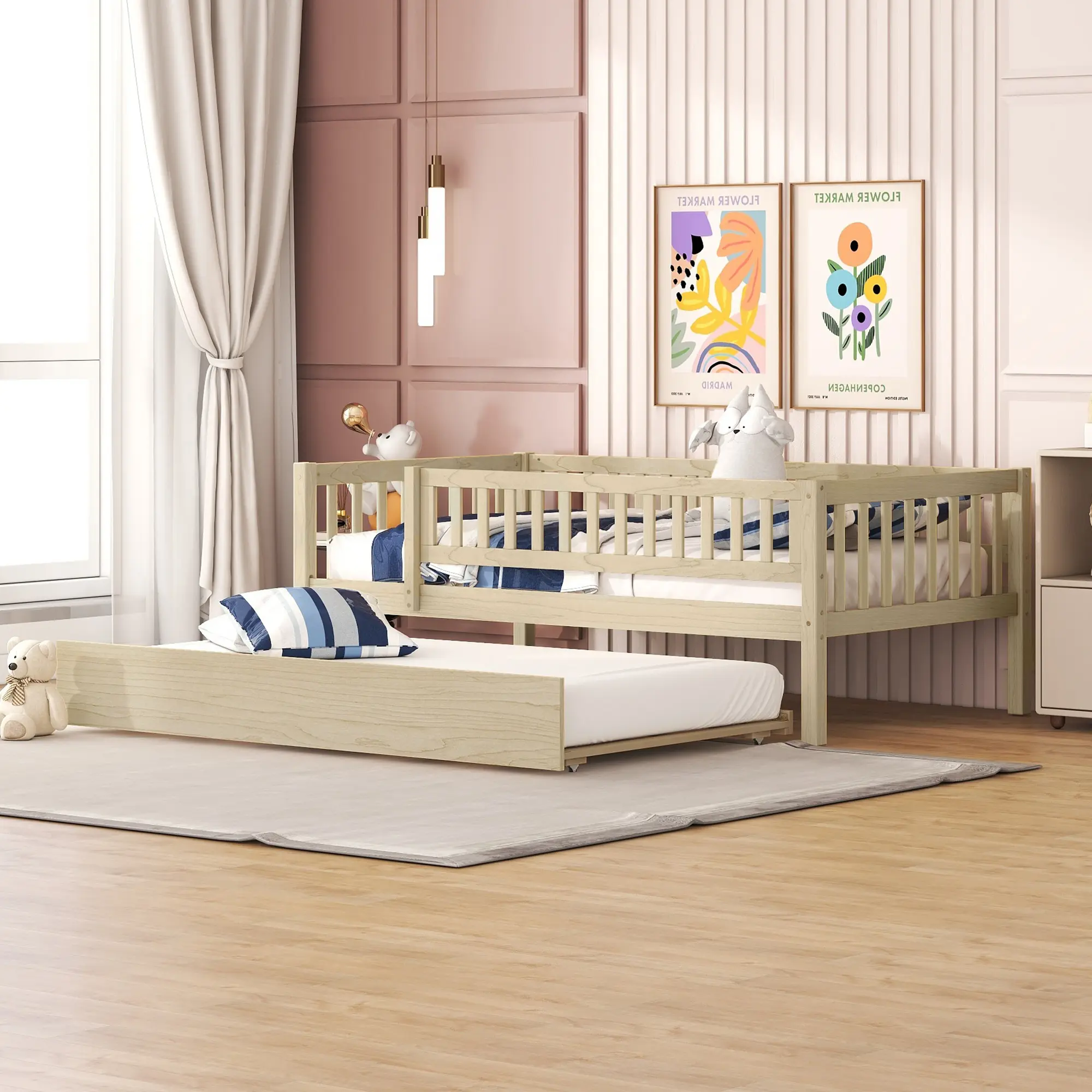 Dreamzon Twin Size Durable Wood Daybed with Pull-Out Trundle Storage Bed, Fence Guardrails, Easy Access, 79.5''L x 41.8''W x 28.3''H, 300 lbs Weight Capacity, Natural Finish, Assembly Required, Space-Saving