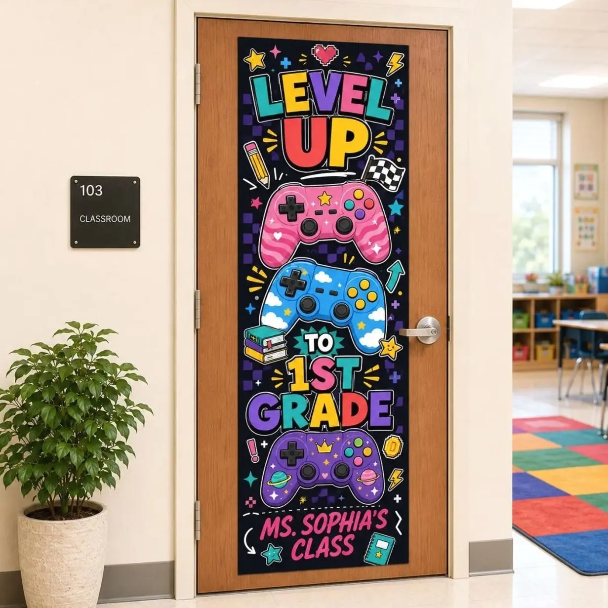 Personalized Gaming Classroom Door Tapestry, Grade Level Up Banner