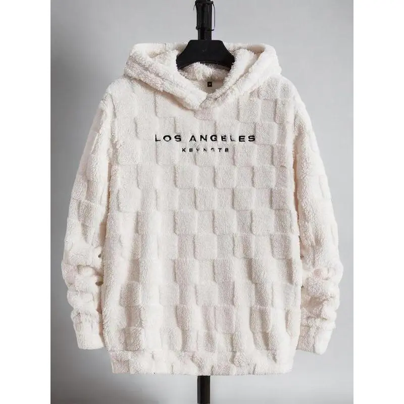 2025 Unisex Embroidered Fuzzy Flannel Hoodie – Casual Long Sleeve Fluffy Pullover Sweatshirt for Fall & Winter Tops Fleece