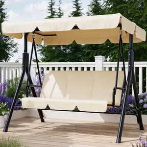 Outdoor Porch Swing with Adjustable Canopy, 3-Seat Patio Swing Chair with Stand, Heavy Duty Outdoor Swing for Adults, Metal Frame Patio Swing for Garden, Backyard & Poolside,Khika