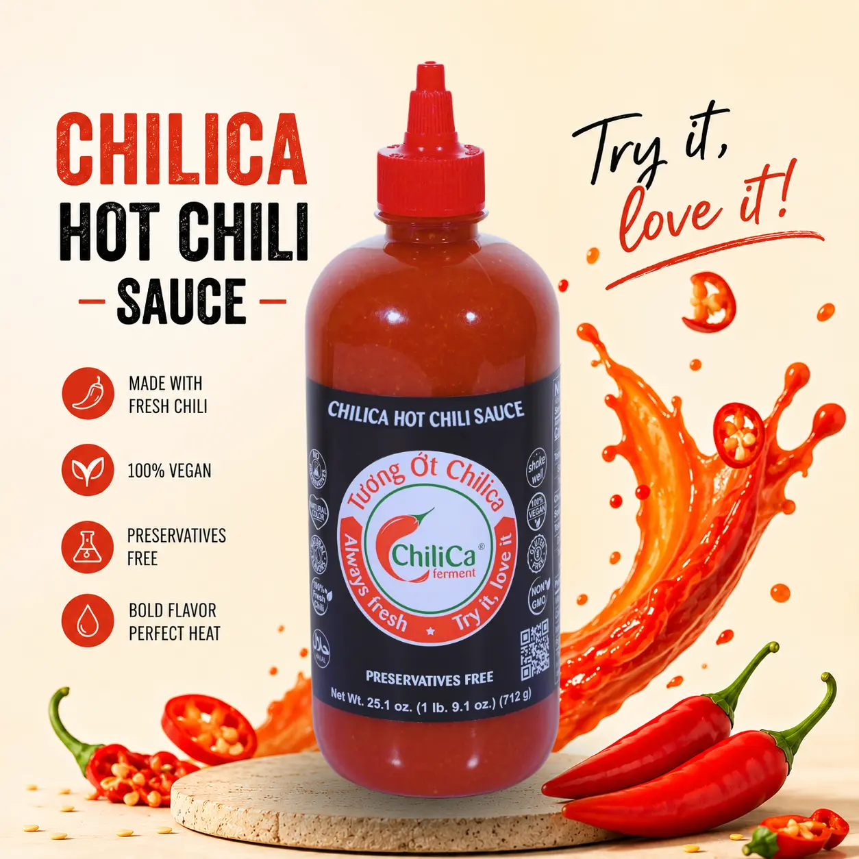 Natural ChiliCa Hot Chili Sauce - 12 months Fermented Bird's Eye Chili - No Preservatives - Vegan, Non-GMO, Gluten Free - Sriracha Sauce - 25.1oz