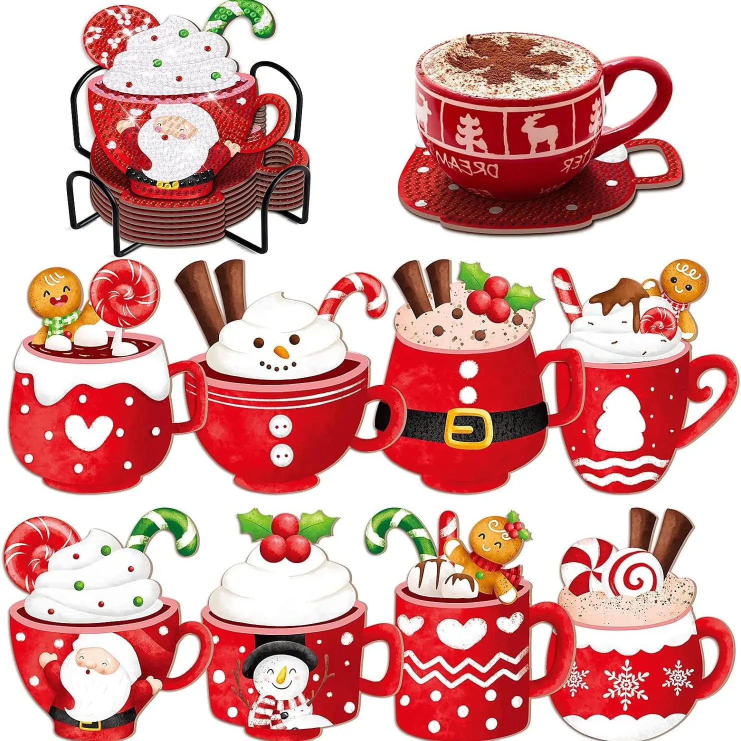 8-piece set Christmas-style, Santa and Snowman cup pattern artificial diamond painting coasters, Coasters for drinks, DIY crystal diamond painting wooden coasters with stand, suitable for gifts