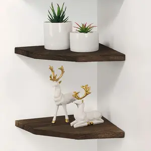 Corner Wall Shelves Set of 2, Solid  Corner Floating Shelves for Wall, Round End Wall Mounted Floating Corner Shelf for Bedroom, Living Room and Kitchen. (Brown-10 inch)