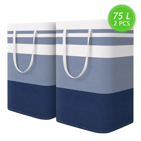 Home Clothes Storage 2-Pack Big-Tall Flax-Cotton Rectangular Laundry Baskets - Sturdy, High-Capacity, Freestanding, Waterproof, Collapsible, Metal-Frame, Durable Reinforced Long-Handle Hampers for Bedroom, Dorms, Apartments