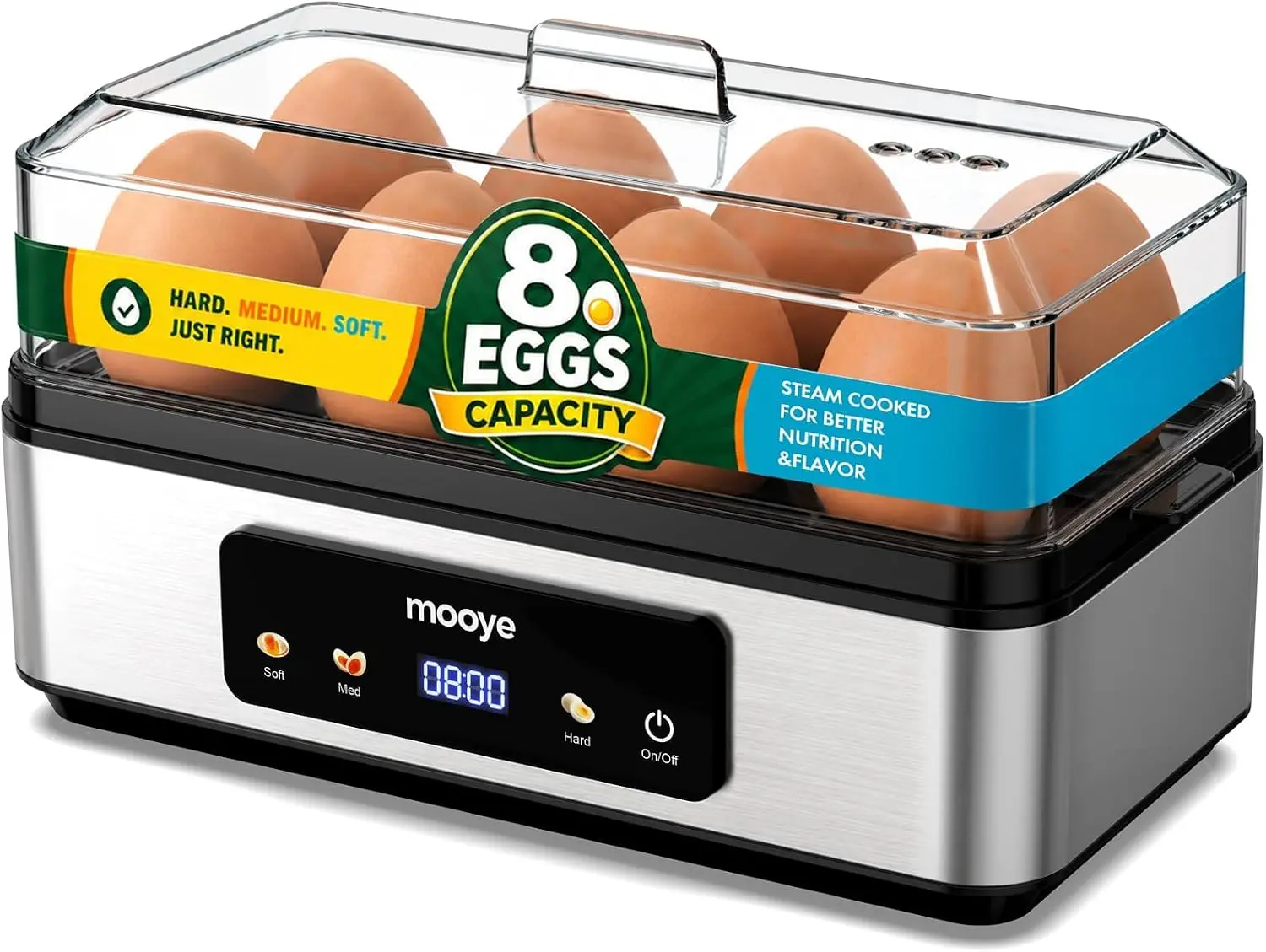 Mooye Quick Electric Egg Cooker, holds up to 8 eggs. Features soft-boiled, medium-boiled, hard-boiled, poached egg and omelet making modes, with auto shut-off function. bpa-free stainless steel