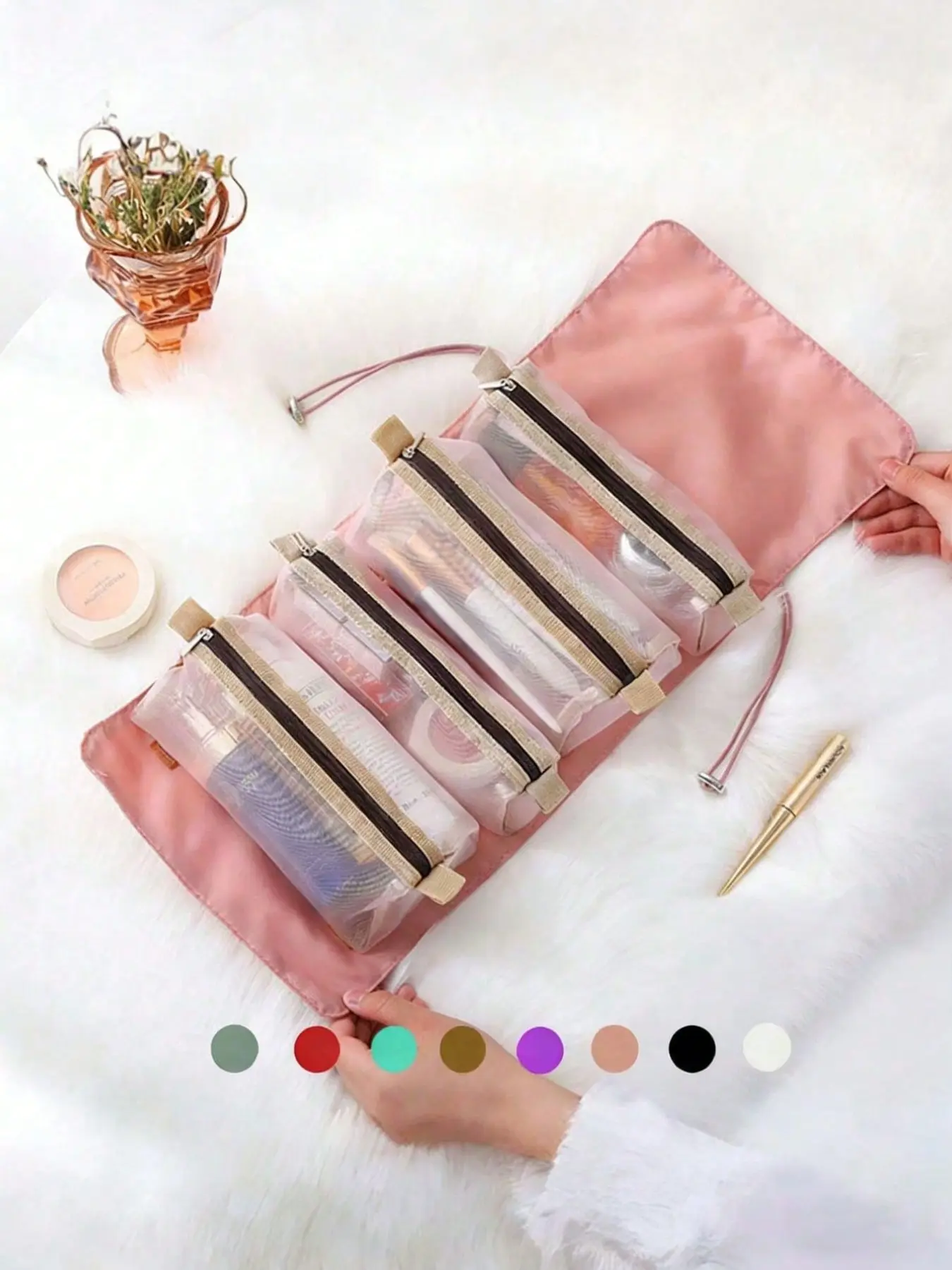 4-in-1 detachable makeup bag storage pouch, large-capacity all-in-one makeup organizer with multiple compartments, can store lipsticks, eyebrow pencils, toiletries, and makeup brushes, high-quality skincare and cosmetics storage bag