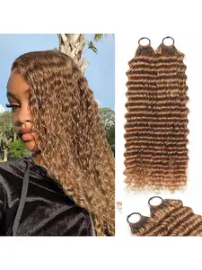 Human Crochet Hair for Black Women 16 Inch Deep wave Texture Crochet Human Hair Bundles 60g Pre-Separated Feather Crochet Human Hair Deep Wavy Curly Invisible Crochet Hair Extensions Real Hair Extensions 100 Strands Honey Blonde