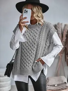 Women's Plain Twisted Knit Sweater Vest, Casual Sleeveless Round Neck Jumper Vest for Daily Wear, Ladies Knitwear for All Seasons, Tops