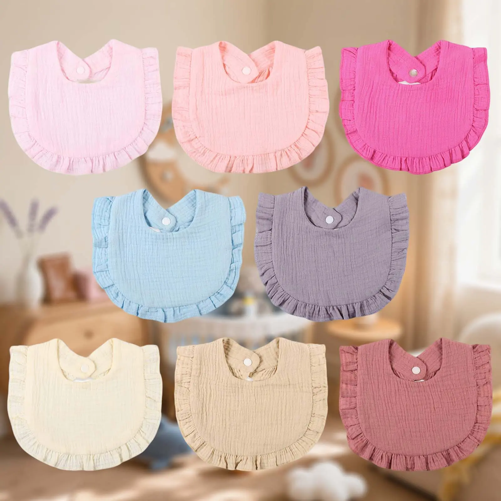 DOSMINE 8 Pack Muslin Baby Bibs Soft Absorbent Cotton Bibs for Boys Girls Organic Cotton Baby Drool Bib Set with Cute Ruffled Design and Button Closure