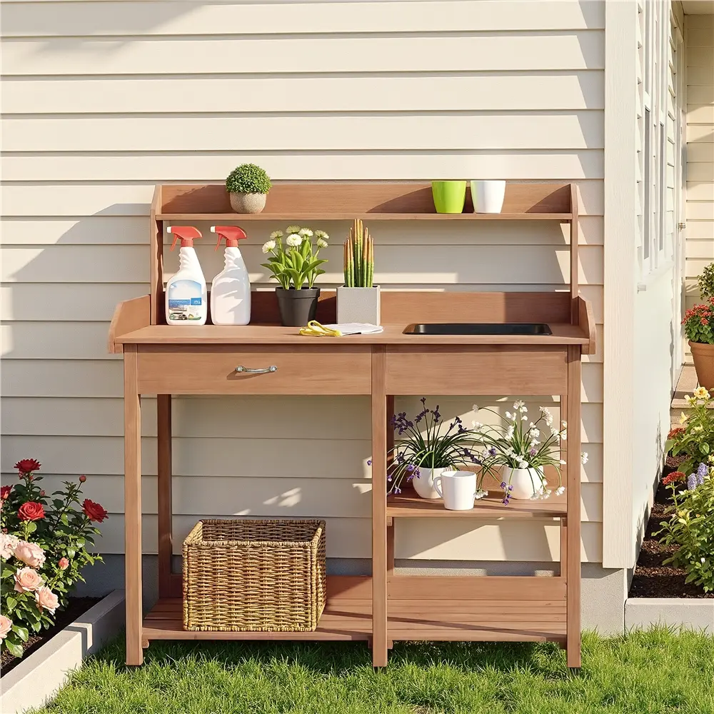 Costoffs Solid Fir Wood Garden Potting Table Organizer - Built-in Basin, Drawer, 2-Tier Storage Shelves - Patio Outdoor Furniture Prep Bench for Organizing in Greenhouse, Porch