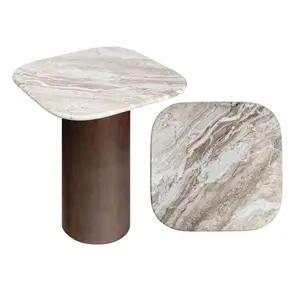 Milos 18" Rustic Minimalist Square Marble/Wood Accent Table