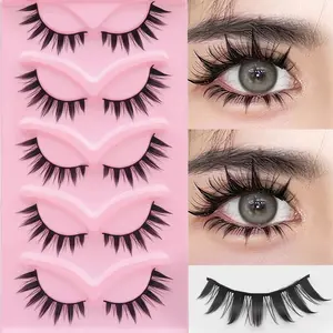 Doll Style False Eyelashes, 5 Pairs Wispy Cat Eye Strip Faux Lashes, Volumized False Eyelashes for Women and Girls Eye Makeup Enhancement, Natural Look Lashes