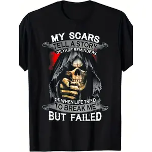 Men'S Vintage Gothic "My Scars Tell A Story" Graphic T-Shirt -  Breathable Crew Neck, Edgy Skull & Bandaged Wound Design With Inspirational Quote, Regular Fit Casual & Festival Wear, Machine Washable All-Season (S-5XL) - Statement Tee For Men