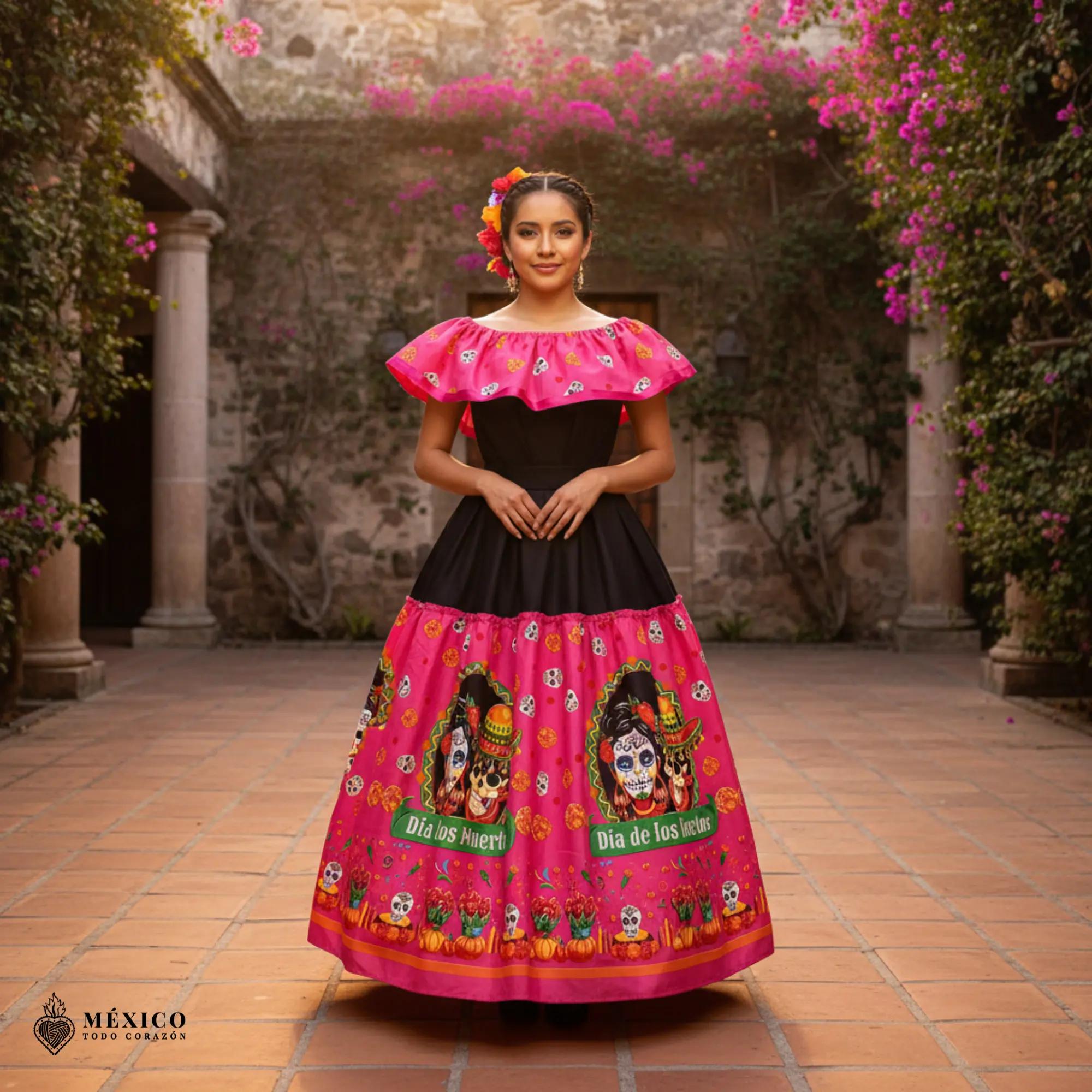 Women's Matching Black-Pink Mexican Dress Set - Adjustable, Breathable Day of the Dead La Catrina Jalisco Costumes