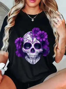 Women's Vintage Streetwear T-Shirt with Day of the Dead Floral Sugar Skull Graphic, 100% Cotton Everyday Crewneck