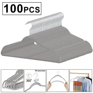 ZENY 100 Pack Gray Clothing Velvet Hangers - Non-Slip 360° Swivel Hook W/Accessory Bar