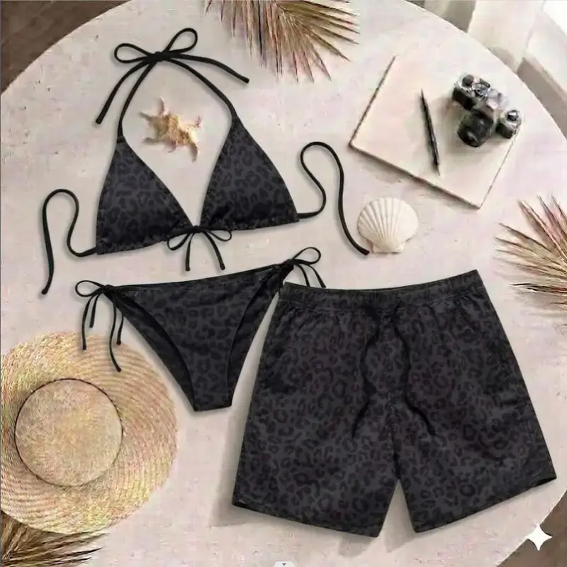 Couple Beach Set 2026 – Black Leopard Bikini & Matching Swim Shorts